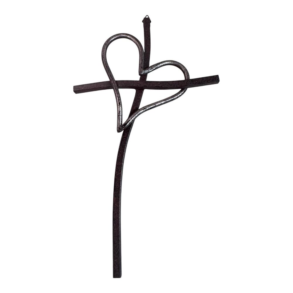 Heart Shaped Metal Wavy Cross Wall Decor 11" Bronze Art Religious Decor